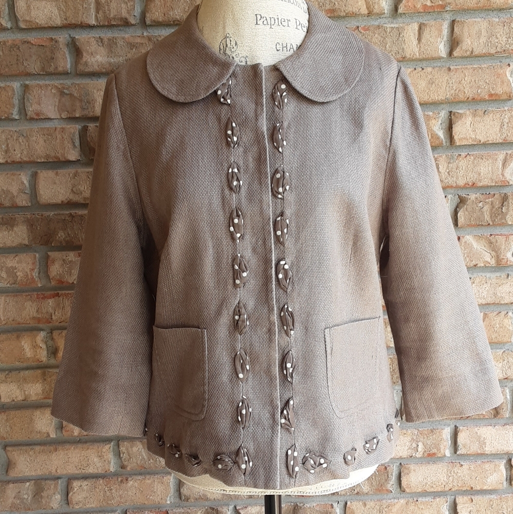 Boden Blazer with Peter Pan Collar and Ribbon Detail Cotton/ Linen Blend.
